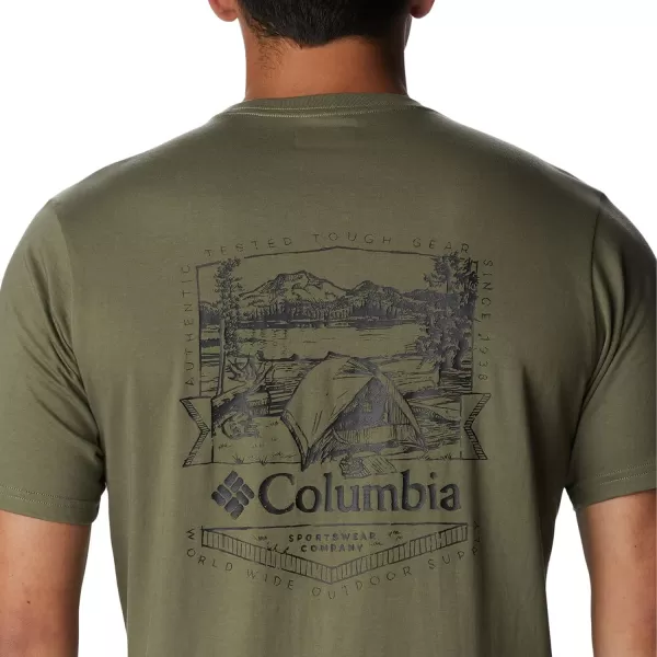 Columbia Mens Rockaway River Back Graphic Short Sleeve TeeStone GreenLakeside Badge Graphic