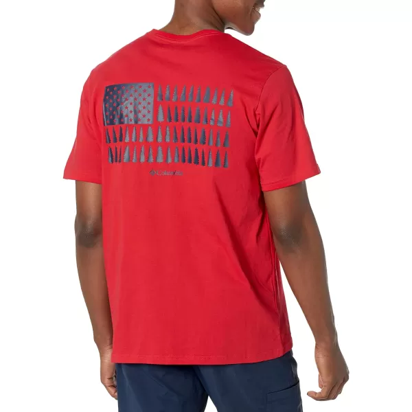 Columbia Mens Rockaway River Country Short Sleeve TeeMountain RedTreestriped Flag Graphic