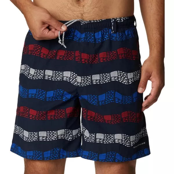 Columbia Mens Super Backcast Water ShortCollegiate Navy Fish Flag Waves Print