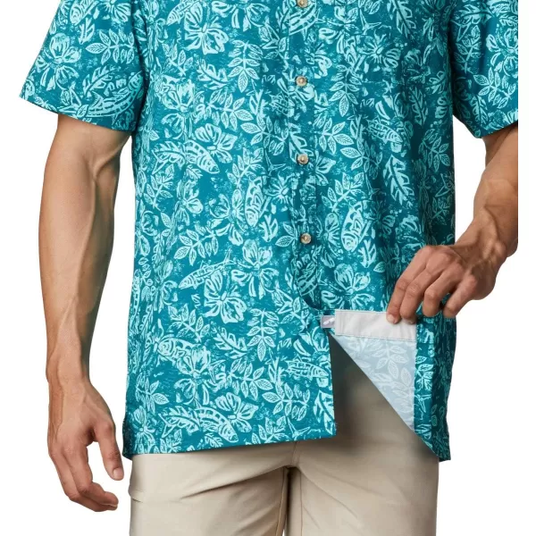 Columbia Mens Super Slack Tide ShirtAegean Blue Flatslam Tropical Print