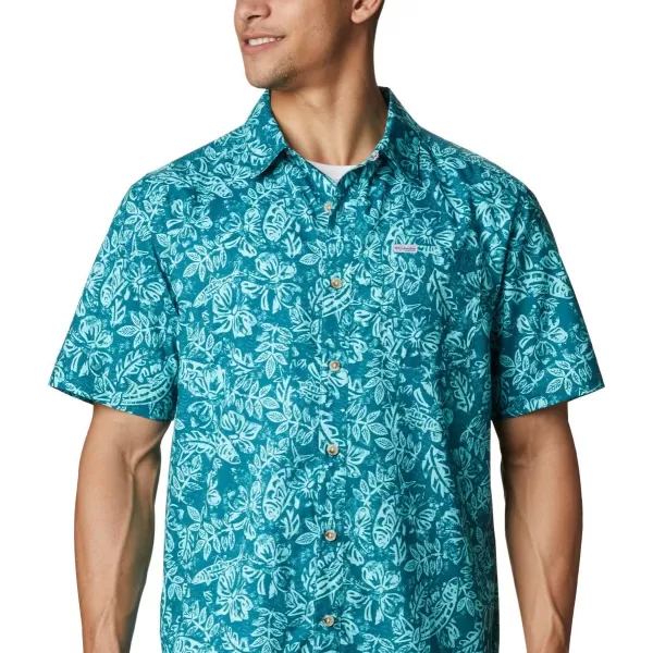 Columbia Mens Super Slack Tide ShirtAegean Blue Flatslam Tropical Print