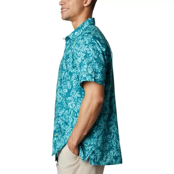 Columbia Mens Super Slack Tide ShirtAegean Blue Flatslam Tropical Print