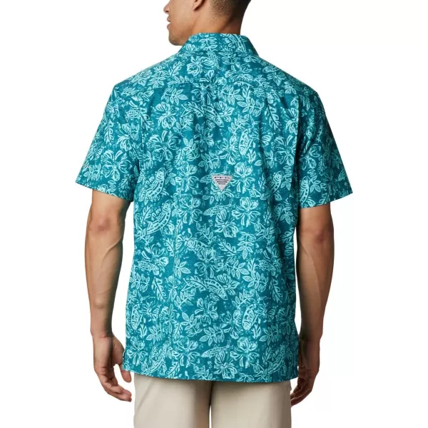 Columbia Mens Super Slack Tide ShirtAegean Blue Flatslam Tropical Print