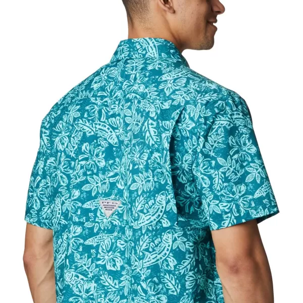 Columbia Mens Super Slack Tide ShirtAegean Blue Flatslam Tropical Print