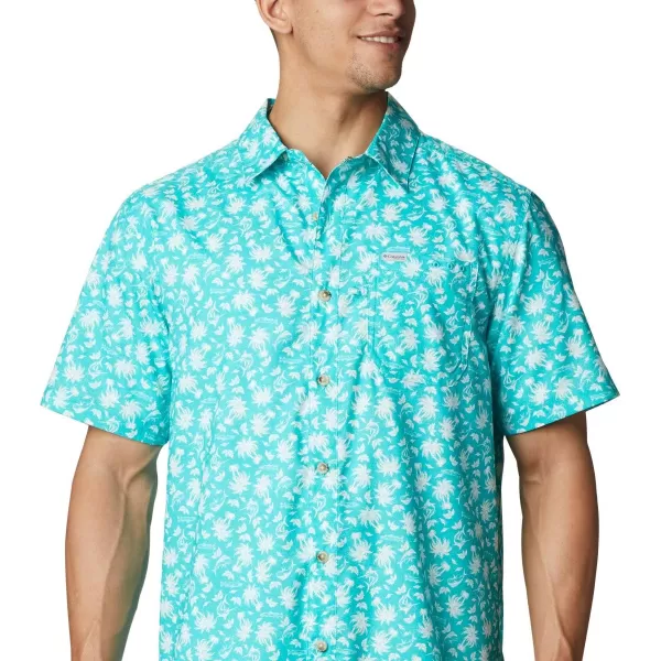 Columbia Mens Super Slack Tide ShirtBright Aqua Marlin Palms Print