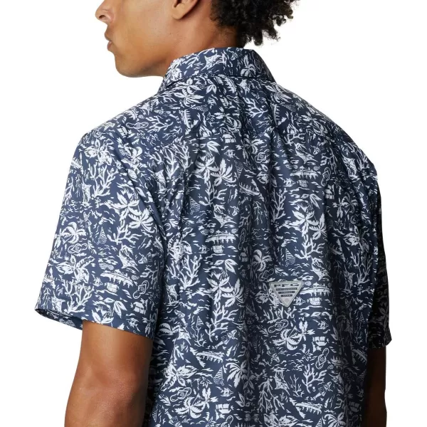 Columbia Mens Super Slack Tide ShirtCollegiate Navy Kona Print  Moisture Wicking