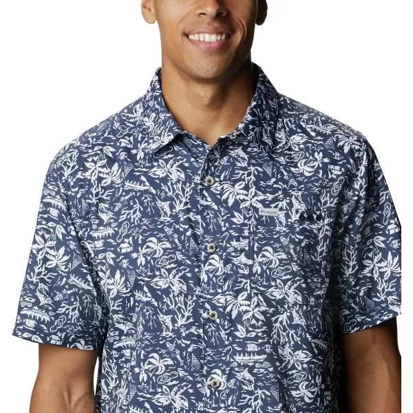 Columbia Mens Super Slack Tide ShirtCollegiate Navy Kona Print  Moisture Wicking