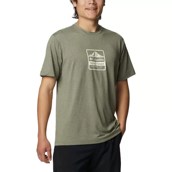 Columbia Mens Tech Trail Front Graphic Short Sleeve TeeStone Green HeatherTested Tough Pdx Grx