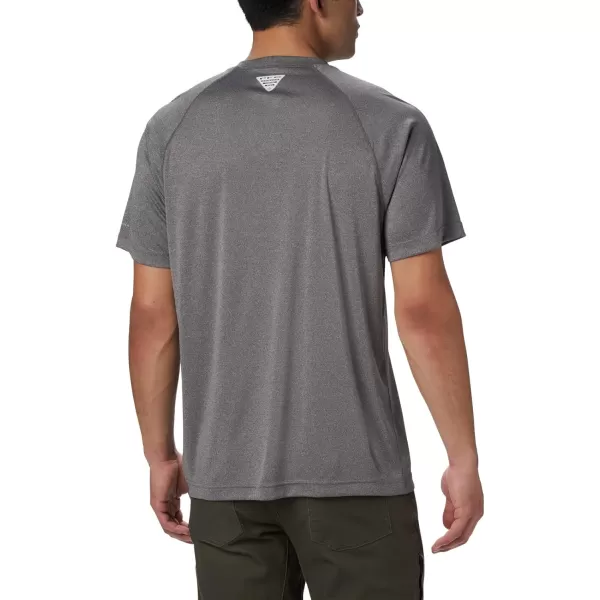 Columbia Mens Terminal Tackle Heather Ss ShirtCharcoal Heather Cool Grey Logo