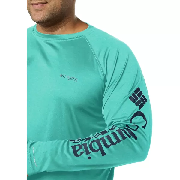 Columbia Mens Terminal Tackle Long Sleeve Shirt Wicking MaterialBright Aqua HeatherColl Navy Logo