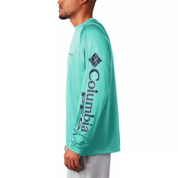 Columbia Mens Terminal Tackle Long Sleeve Shirt Wicking MaterialBright Aqua HeatherColl Navy Logo