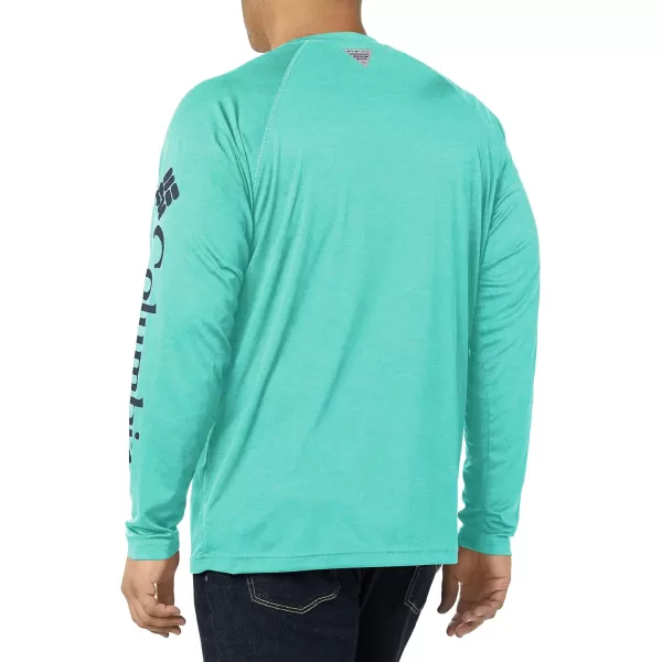 Columbia Mens Terminal Tackle Long Sleeve Shirt Wicking MaterialBright Aqua HeatherColl Navy Logo