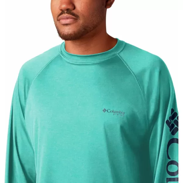 Columbia Mens Terminal Tackle Long Sleeve Shirt Wicking MaterialBright Aqua HeatherColl Navy Logo