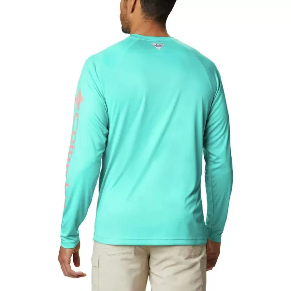 Columbia Mens Terminal Tackle Long Sleeve Shirt Wicking MaterialBright AquaSalmon Logo