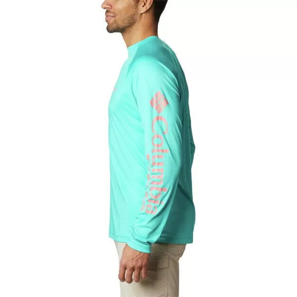 Columbia Mens Terminal Tackle Long Sleeve Shirt Wicking MaterialBright AquaSalmon Logo