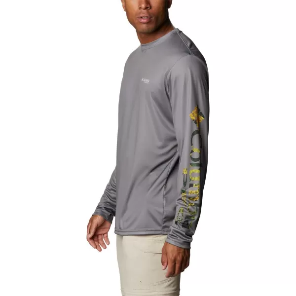 Columbia Mens Terminal Tackle Long Sleeve Shirt Wicking MaterialCity GreyDorado Camo