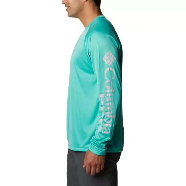 Columbia Mens Terminal Tackle Long Sleeve Shirt Wicking MaterialElectric Turquoise HeatherCool Grey Logo