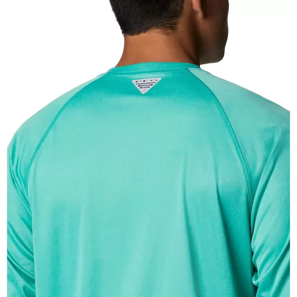 Columbia Mens Terminal Tackle Long Sleeve Shirt Wicking MaterialElectric Turquoise HeatherCool Grey Logo