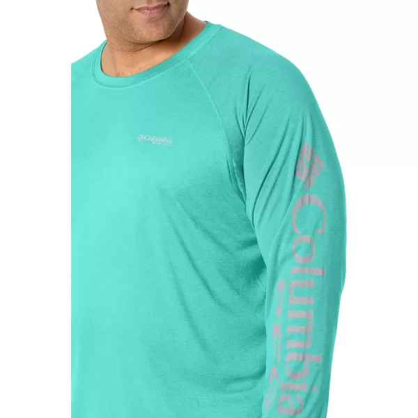 Columbia Mens Terminal Tackle Long Sleeve Shirt Wicking MaterialElectric Turquoise HeatherCool Grey Logo