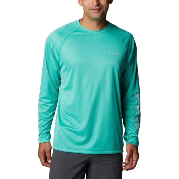 Columbia Mens Terminal Tackle Long Sleeve Shirt Wicking MaterialElectric Turquoise HeatherCool Grey Logo