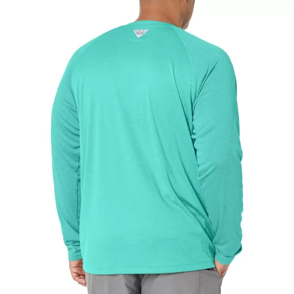 Columbia Mens Terminal Tackle Long Sleeve Shirt Wicking MaterialElectric Turquoise HeatherCool Grey Logo