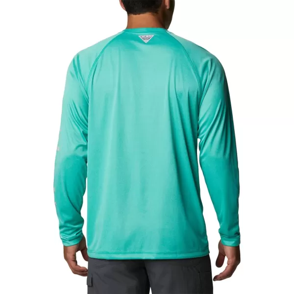 Columbia Mens Terminal Tackle Long Sleeve Shirt Wicking MaterialElectric Turquoise HeatherCool Grey Logo