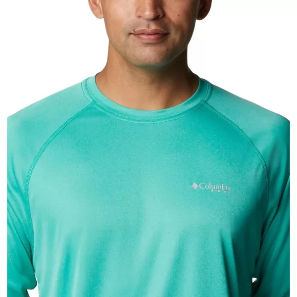 Columbia Mens Terminal Tackle Long Sleeve Shirt Wicking MaterialElectric Turquoise HeatherCool Grey Logo