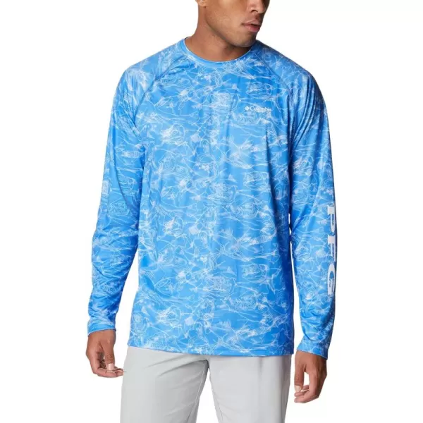 Columbia Mens Terminal Tackle Long Sleeve Shirt Wicking MaterialHarbor Blue Contour Fish Print