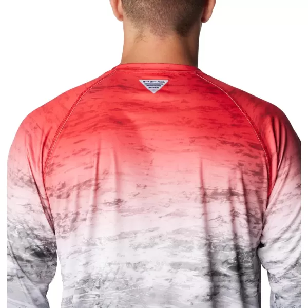 Columbia Mens Terminal Tackle Long Sleeve Shirt Wicking MaterialRed Spark Deepsea Fade