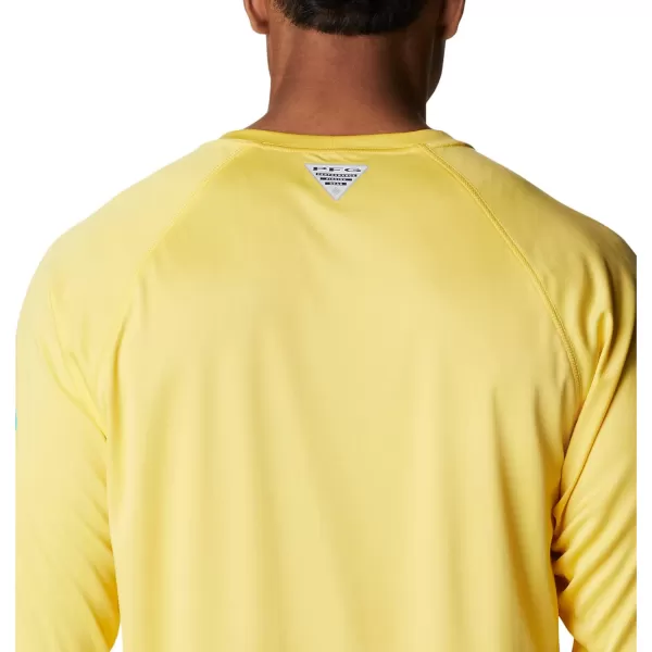 Columbia Mens Terminal Tackle Long Sleeve Shirt Wicking MaterialSun GlowElectric Turquoise Logo