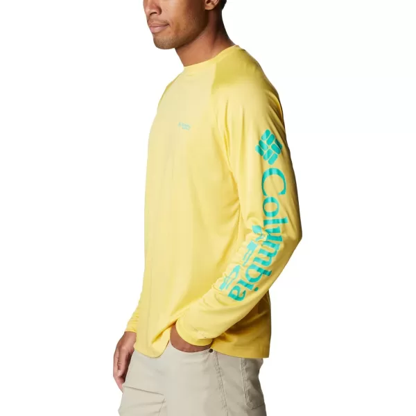 Columbia Mens Terminal Tackle Long Sleeve Shirt Wicking MaterialSun GlowElectric Turquoise Logo