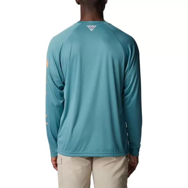 Columbia Mens Terminal Tackle Long Sleeve Shirt Wicking MaterialTranquil TealOrange Reef Logo