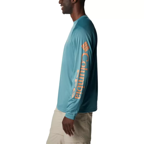 Columbia Mens Terminal Tackle Long Sleeve Shirt Wicking MaterialTranquil TealOrange Reef Logo