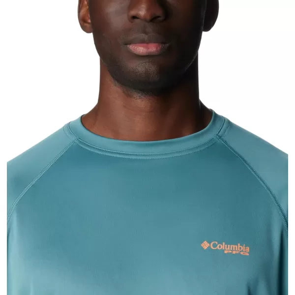 Columbia Mens Terminal Tackle Long Sleeve Shirt Wicking MaterialTranquil TealOrange Reef Logo