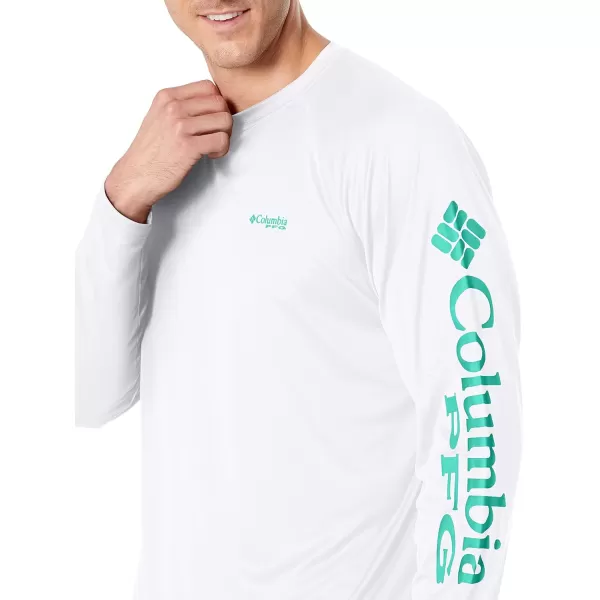 Columbia Mens Terminal Tackle Long Sleeve Shirt Wicking MaterialWhiteBright Aqua Logo