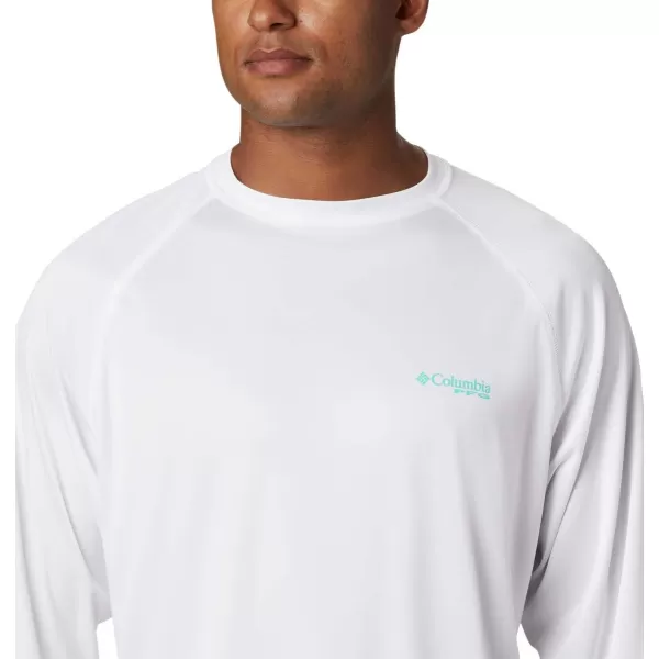 Columbia Mens Terminal Tackle Long Sleeve Shirt Wicking MaterialWhiteBright Aqua Logo