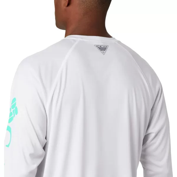 Columbia Mens Terminal Tackle Long Sleeve Shirt Wicking MaterialWhiteBright Aqua Logo