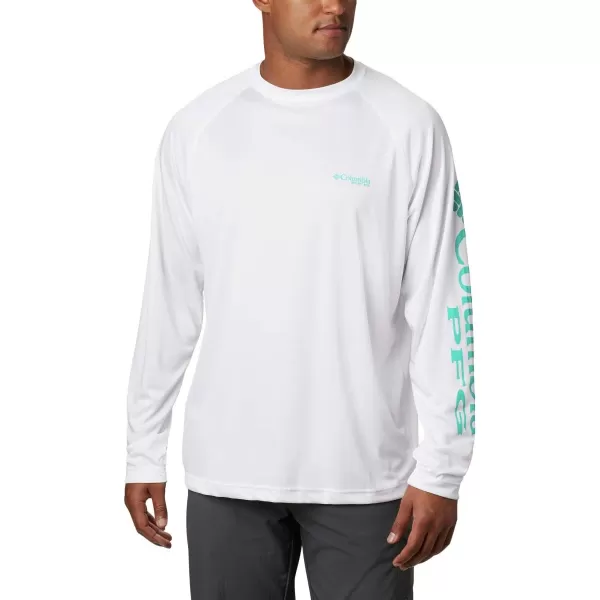 Columbia Mens Terminal Tackle Long Sleeve Shirt Wicking MaterialWhiteBright Aqua Logo