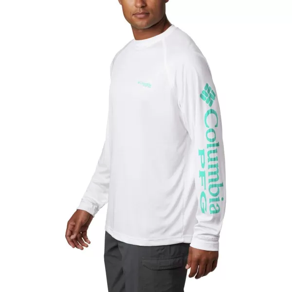 Columbia Mens Terminal Tackle Long Sleeve Shirt Wicking MaterialWhiteBright Aqua Logo