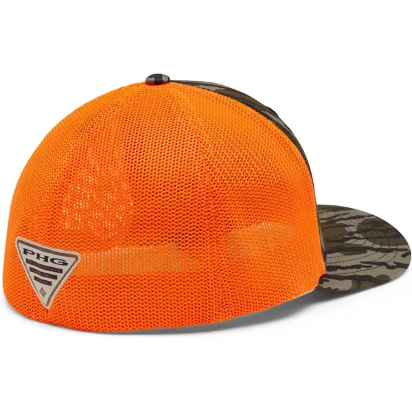 Columbia PHG Camo Mesh Ball CapMossy Oak BottomlandBlaze Orange Logo