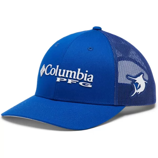 Columbia Womens PFG Logo Mesh Ball CapHigh CrownBlue MacawWhiteMarlin