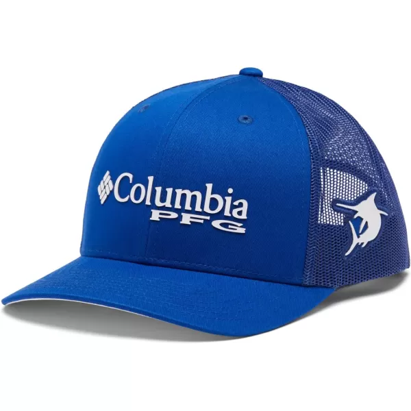 Columbia Womens PFG Logo Mesh Ball CapHigh CrownBlue MacawWhiteMarlin