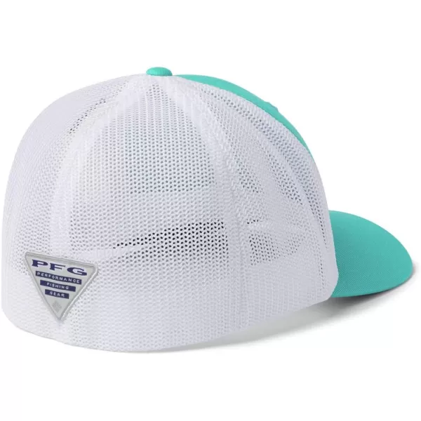 Columbia Womens PFG Logo Mesh Ball CapHigh CrownBright Aqua  White  Coll Navy  Bonefish