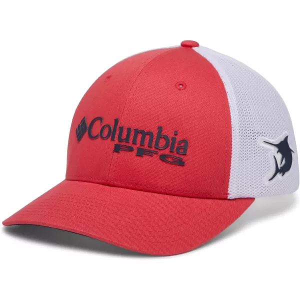 Columbia Womens PFG Logo Mesh Ball CapHigh CrownSunset RedCollegiate Navy