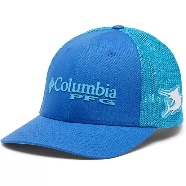 Columbia Womens PFG Logo Mesh Ball CapHigh CrownWhite  Atoll  Marlin