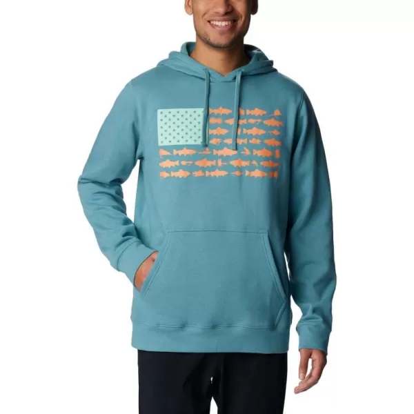 Columbia Mens PFG Fish Flag Ii HoodieTranquil TealOrange Reef Trout Flies