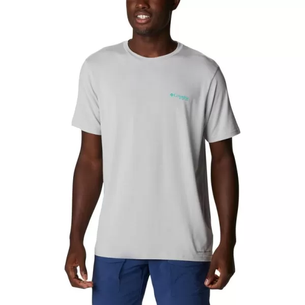 Columbia Mens PFG Fish Flag Tech Tee SsCool GreyElectric Turquoise Gradient