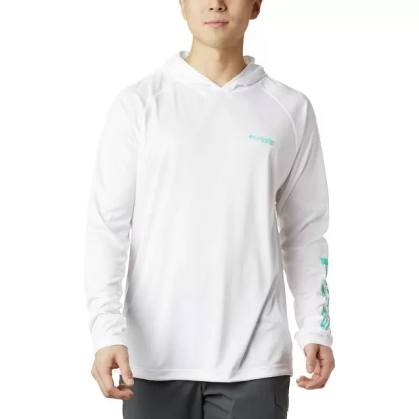 Columbia Mens PFG Terminal Tackle HoodieWhiteBright Aqua Logo