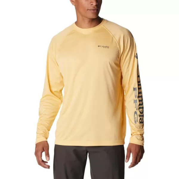 Columbia Mens Terminal Tackle Long Sleeve Shirt Wicking MaterialCocoa Butter HeatherCity Grey Logo