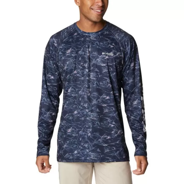 Columbia Mens Terminal Tackle Long Sleeve Shirt Wicking MaterialCollegiate Navy Contour Fish Print